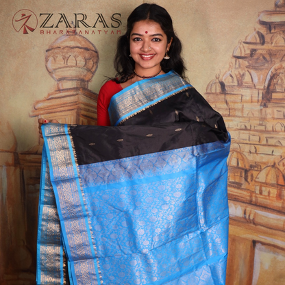 Dharmavaram Pure Pattu (Silk) Saree + Costume Stitching Readymade (Black with L Blue)
