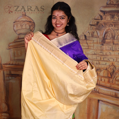 Dharmavaram Pure Pattu (Silk) Saree + Costume Stitching Readymade (Vio Blue with Cream)