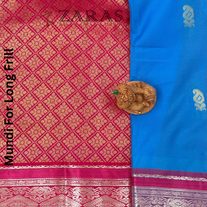 Art Silk Saree + Costume Stitching Readymade (L Blue with Pink)