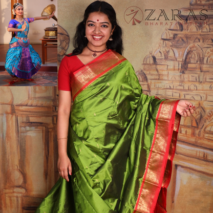 Dharmavaram Pure Pattu (Silk) Saree + Costume Stitching Readymade (Pasi Green with Red)