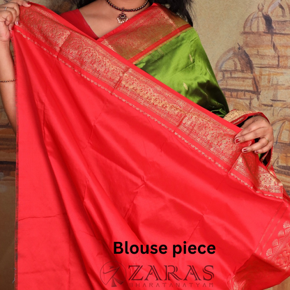 Dharmavaram Pure Pattu (Silk) Saree + Costume Stitching Readymade (Pasi Green with Red)