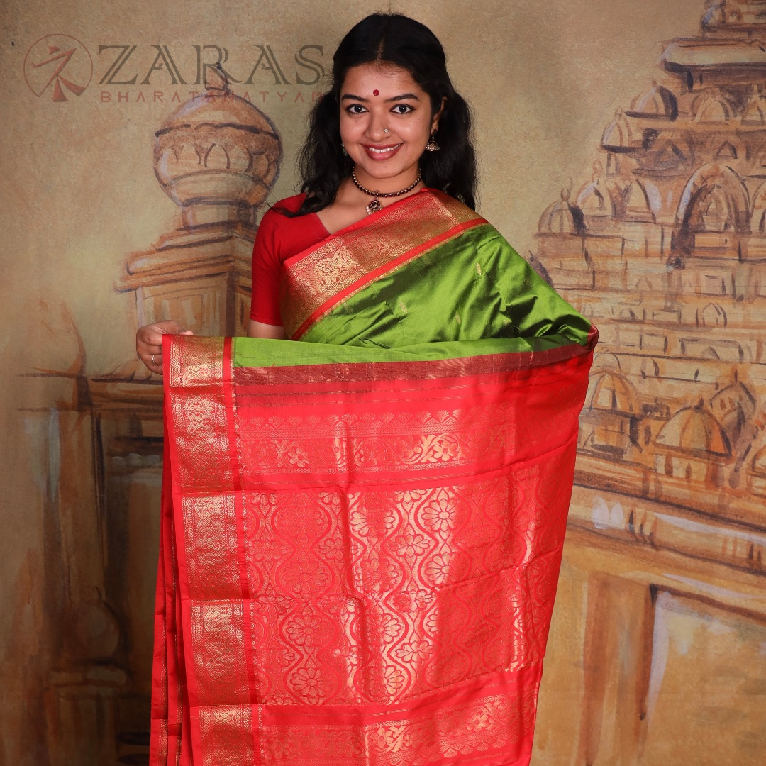 Dharmavaram Pure Pattu (Silk) Saree + Costume Stitching Readymade (Pasi Green with Red)