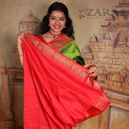 Dharmavaram Pure Pattu (Silk) Saree + Costume Stitching Readymade (Pasi Green with Red)
