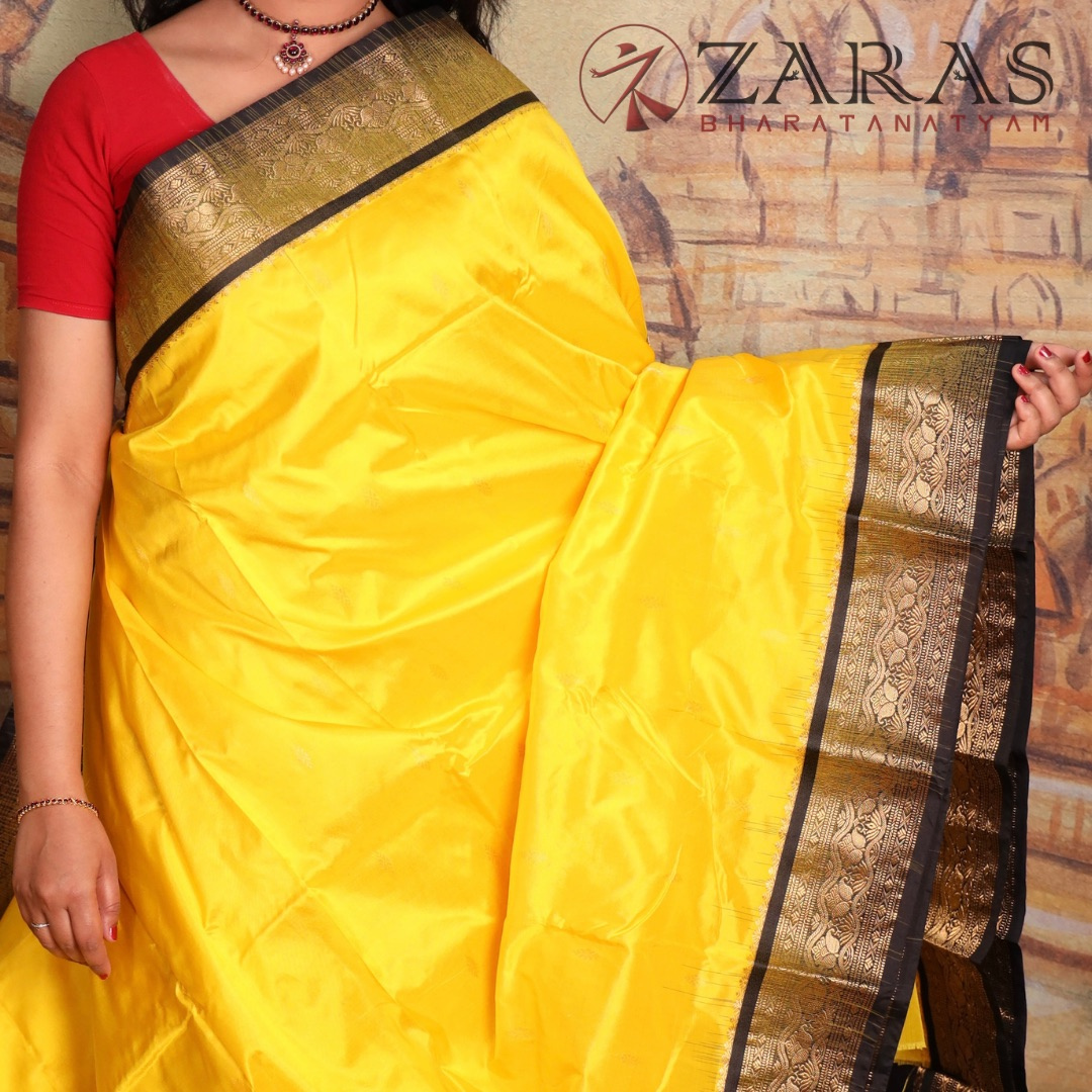 Dharmavaram Pure Pattu (Silk) Saree + Costume Stitching Readymade (L Yellow with Black)