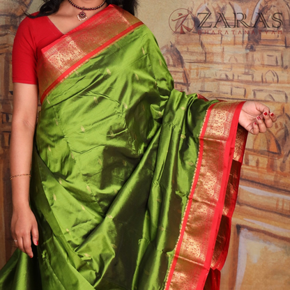 Dharmavaram Pure Pattu (Silk) Saree + Costume Stitching Readymade (Pasi Green with Red)