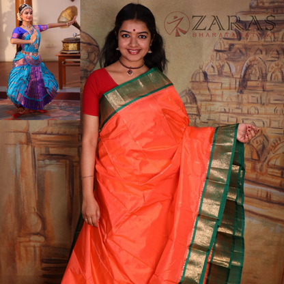 Dharmavaram Pure Pattu (Silk) Saree + Costume Stitching Readymade (Orange with Green)