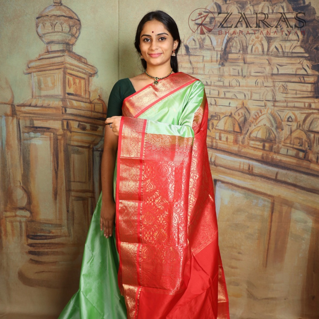 Dharmavaram Pure Pattu (Silk) Saree + Costume Stitching Readymade (Pista Green with Red)