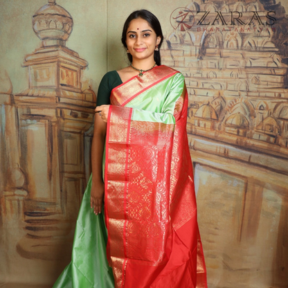 Dharmavaram Pure Pattu (Silk) Saree + Costume Stitching Readymade (Pista Green with Red)