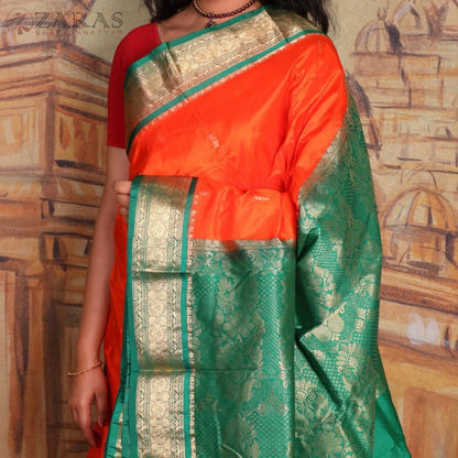 Dharmavaram Pure Pattu (Silk) Saree + Costume Stitching Readymade (Orange with Green )