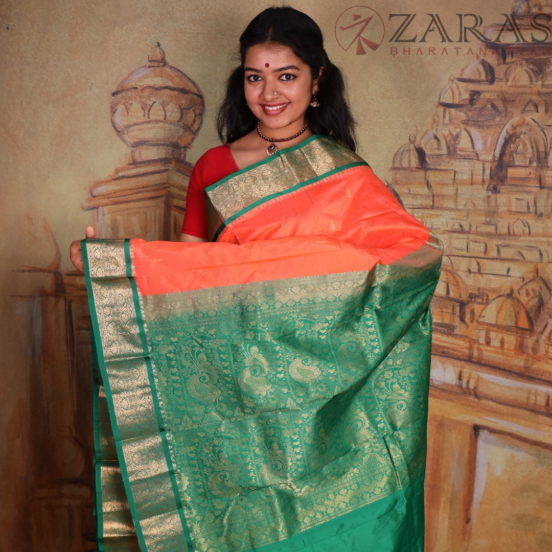 Dharmavaram Pure Pattu (Silk) Saree + Costume Stitching Readymade (Orange with Green)