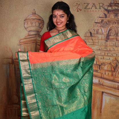 Dharmavaram Pure Pattu (Silk) Saree + Costume Stitching Readymade (Orange with Green)