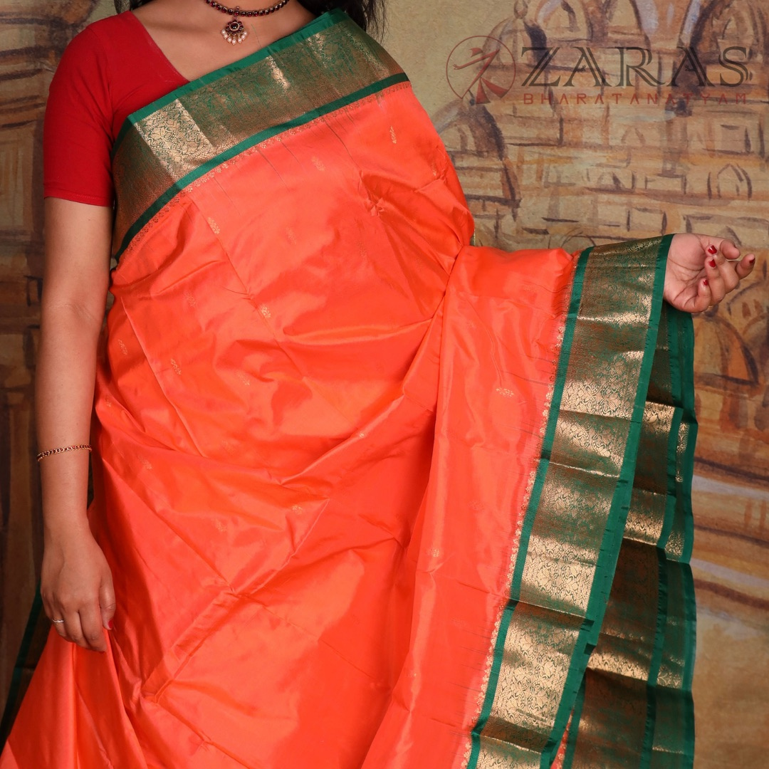 Dharmavaram Pure Pattu (Silk) Saree + Costume Stitching Readymade (Orange with Green)