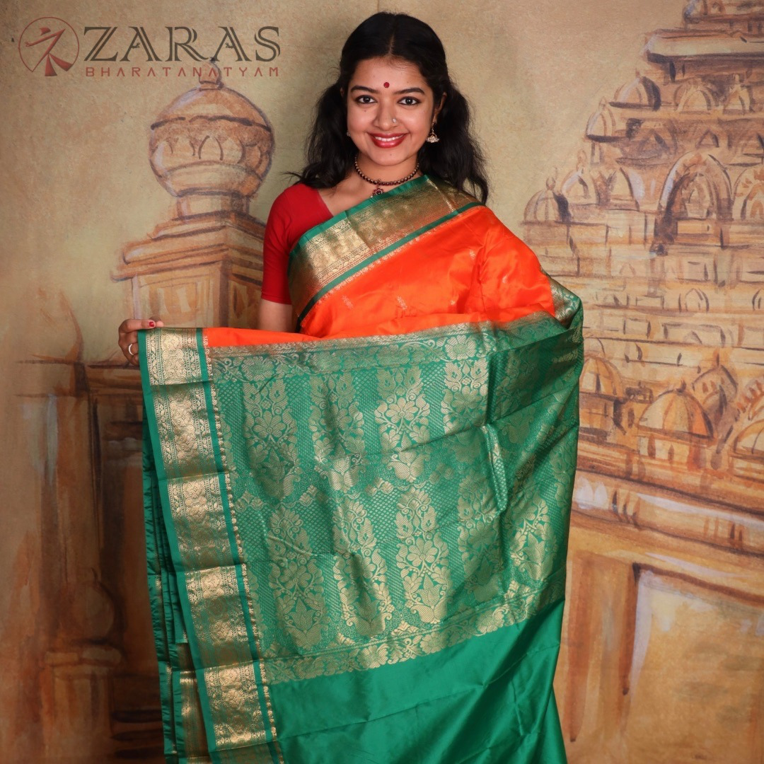 Dharmavaram Pure Pattu (Silk) Saree + Costume Stitching Readymade (Orange with Green )