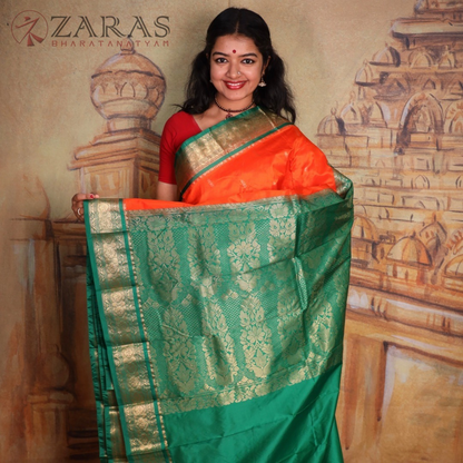 Dharmavaram Pure Pattu (Silk) Saree + Costume Stitching Readymade (Orange with Green )