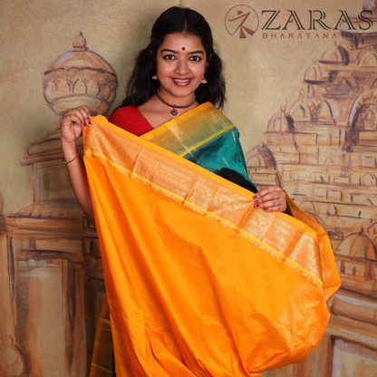 Dharmavaram Pure Pattu (Silk) Saree + Costume Stitching Readymade (Green with Yellow )