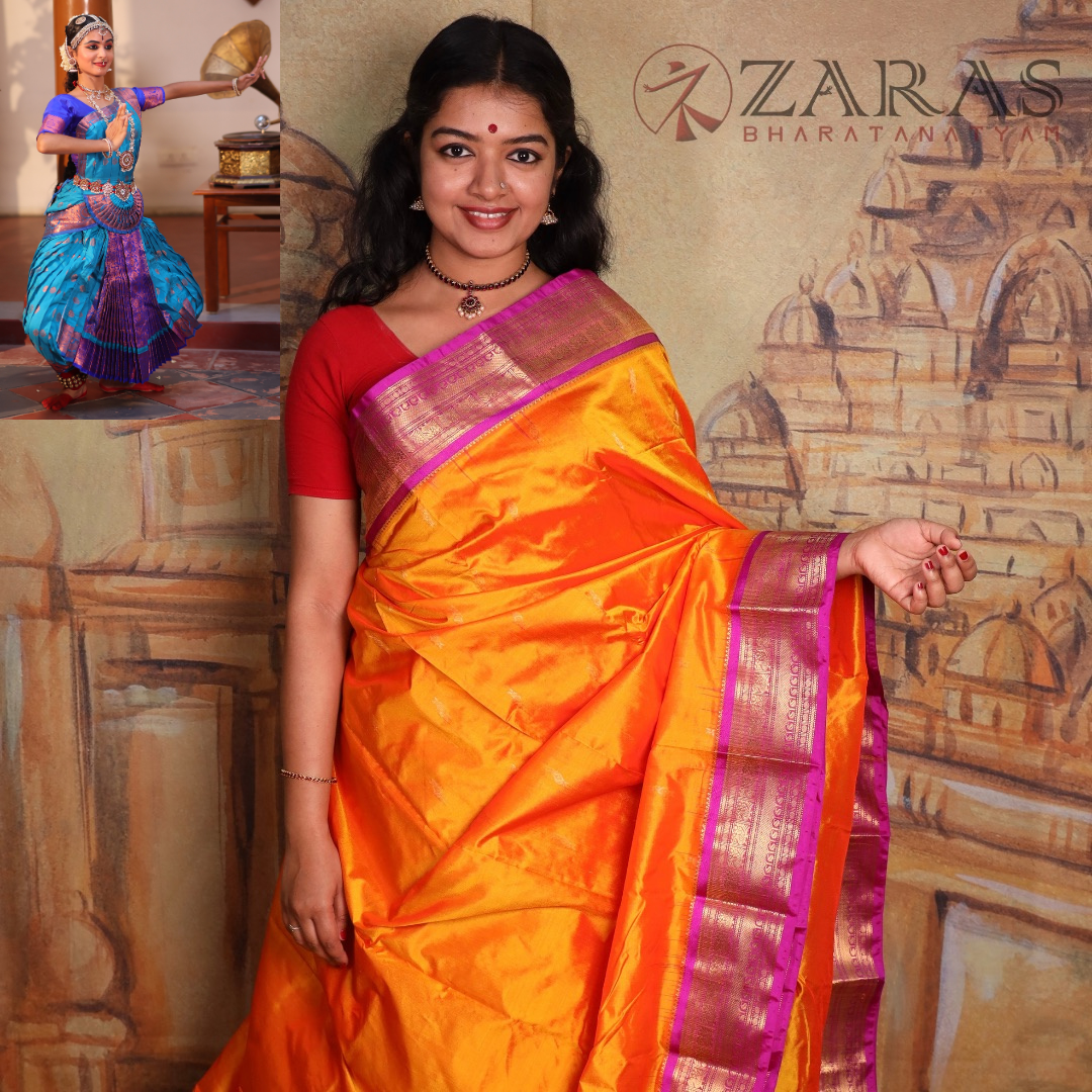 Dharmavaram Pure Pattu (Silk) Saree + Costume Stitching Readymade (Mustard Orange with Purple)