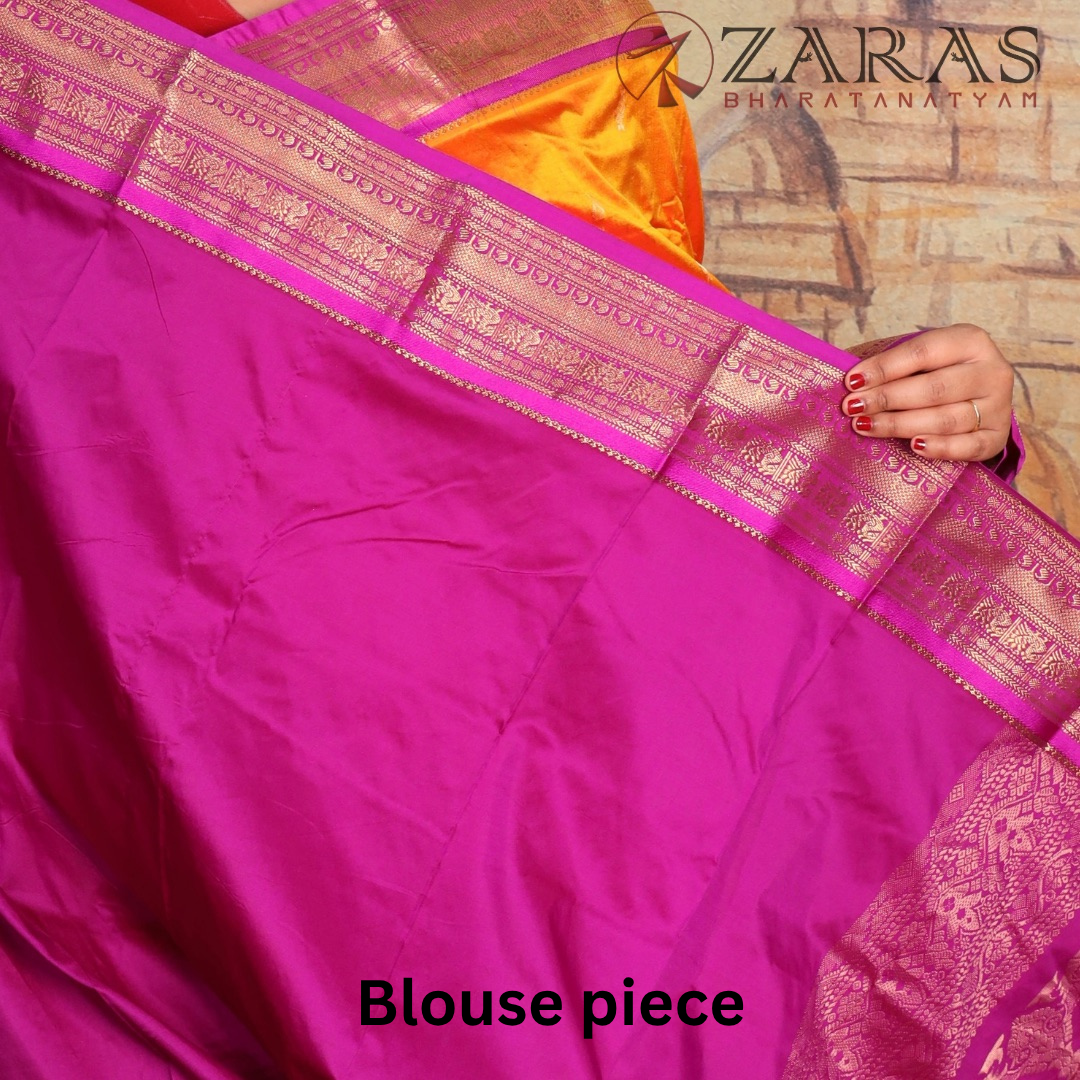 Dharmavaram Pure Pattu (Silk) Saree + Costume Stitching Readymade (Mustard Orange with Purple)