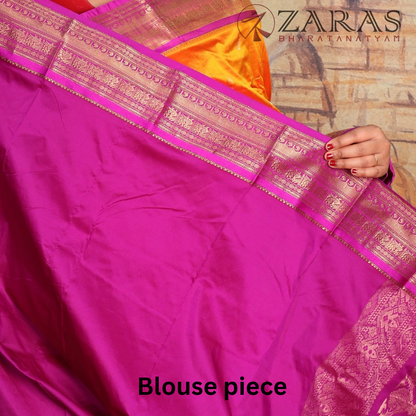 Dharmavaram Pure Pattu (Silk) Saree + Costume Stitching Readymade (Mustard Orange with Purple)