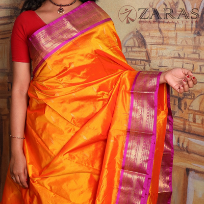 Dharmavaram Pure Pattu (Silk) Saree + Costume Stitching Readymade (Mustard Orange with Purple)