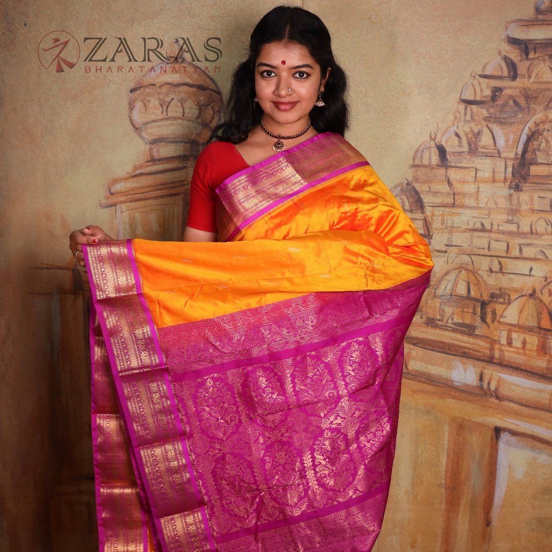 Dharmavaram Pure Pattu (Silk) Saree + Costume Stitching Readymade (Mustard Orange with Purple)
