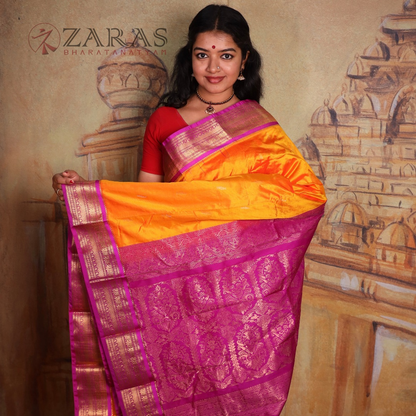 Dharmavaram Pure Pattu (Silk) Saree + Costume Stitching Readymade (Mustard Orange with Purple)