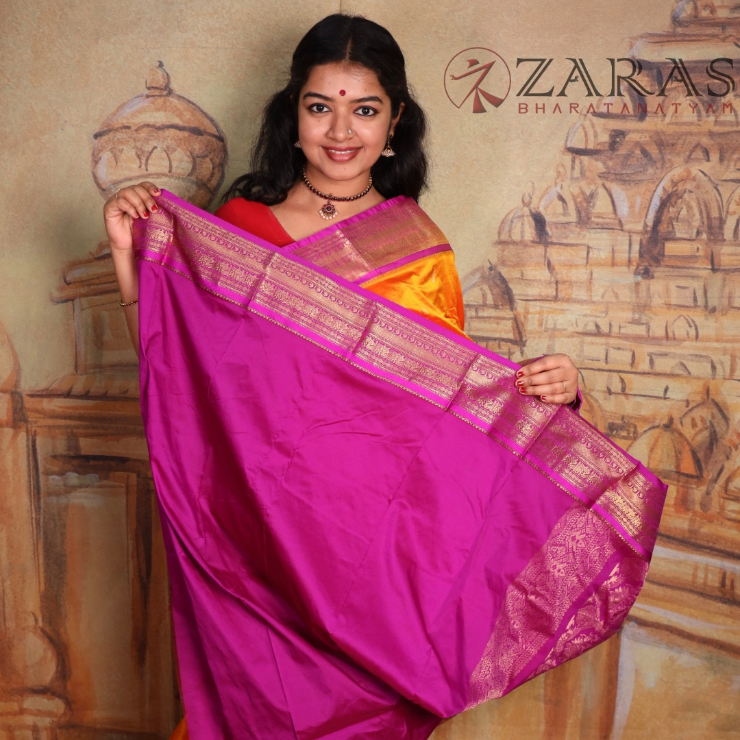 Dharmavaram Pure Pattu (Silk) Saree + Costume Stitching Readymade (Mustard Orange with Purple)