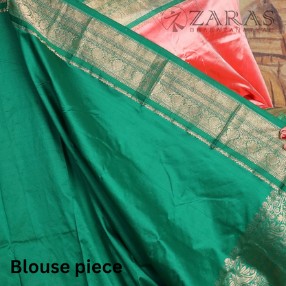 Dharmavaram Pure Pattu (Silk) Saree + Costume Stitching Readymade (L Peach Pink with Green)