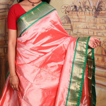 Dharmavaram Pure Pattu (Silk) Saree + Costume Stitching Readymade (L Peach Pink with Green)
