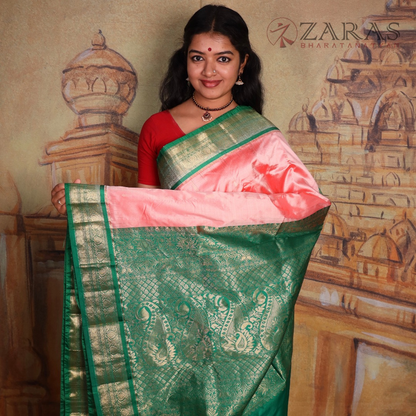 Dharmavaram Pure Pattu (Silk) Saree + Costume Stitching Readymade (L Peach Pink with Green)