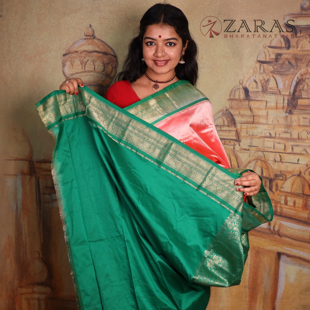 Dharmavaram Pure Pattu (Silk) Saree + Costume Stitching Readymade (L Peach Pink with Green)