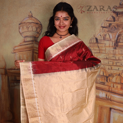 Dharmavaram Pure Pattu (Silk) Saree + Costume Stitching Readymade (Maroon with Half White)