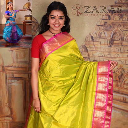 Dharmavaram Pure Pattu (Silk) Saree + Costume Stitching Readymade (Li Green with Pink)