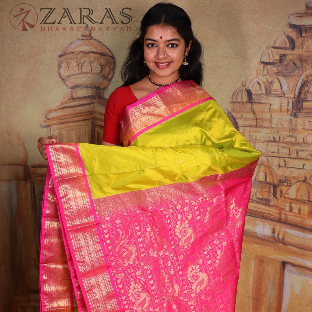Dharmavaram Pure Pattu (Silk) Saree + Costume Stitching Readymade (Li Green with Pink)