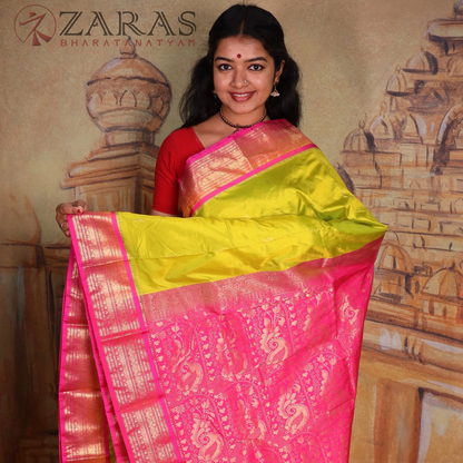 Dharmavaram Pure Pattu (Silk) Saree + Costume Stitching Readymade (Li Green with Pink)