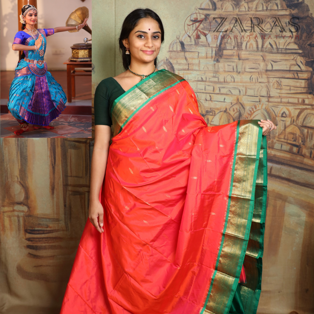 Dharmavaram Pure Pattu (Silk) Saree + Costume Stitching Readymade (Peach Orange with Green)