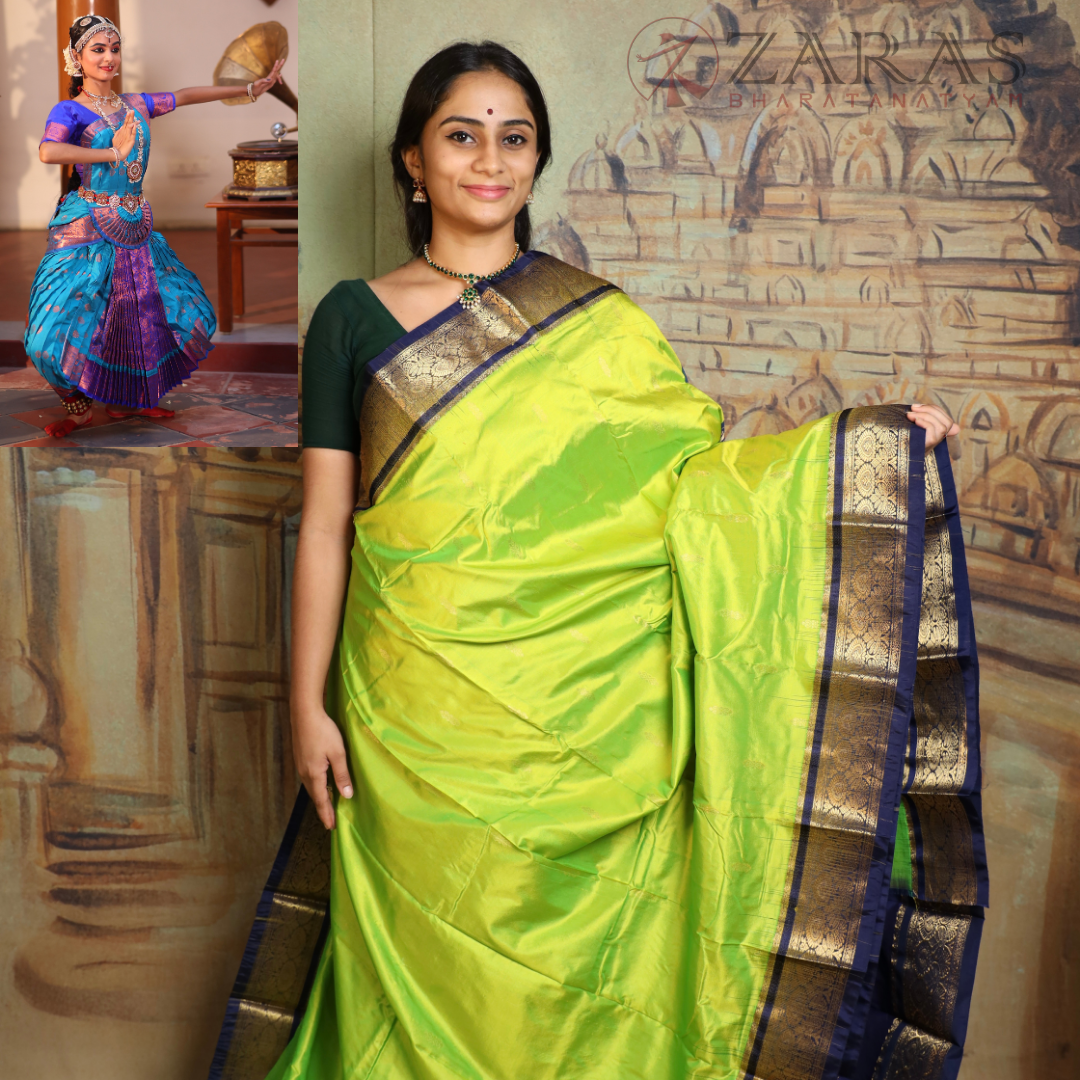 Dharmavaram Pure Pattu (Silk) Saree + Costume Stitching Readymade (Li Green with D Blue)