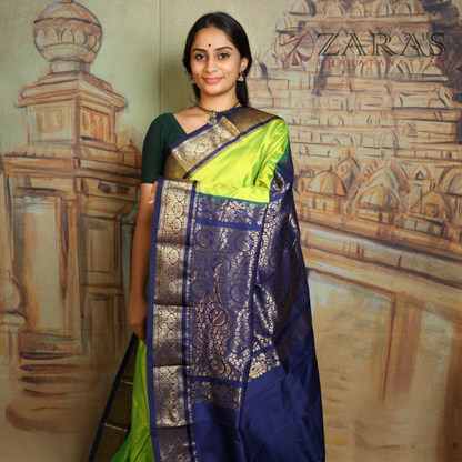 Dharmavaram Pure Pattu (Silk) Saree + Costume Stitching Readymade (Li Green with D Blue)