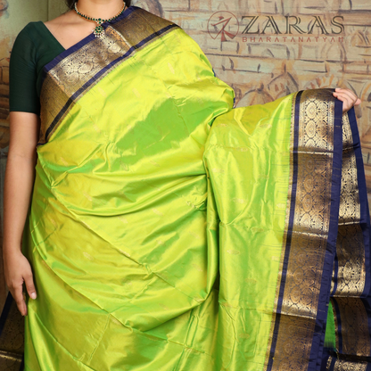 Dharmavaram Pure Pattu (Silk) Saree + Costume Stitching Readymade (Li Green with D Blue)