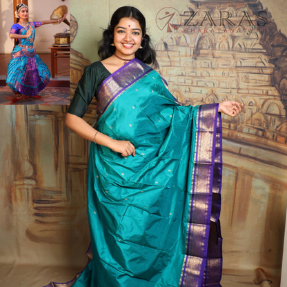 Dharmavaram Pure Pattu (Silk) Saree + Costume Stitching Readymade (Peacock Green with V Blue)
