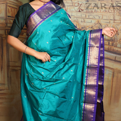 Dharmavaram Pure Pattu (Silk) Saree + Costume Stitching Readymade (Peacock Green with V Blue)