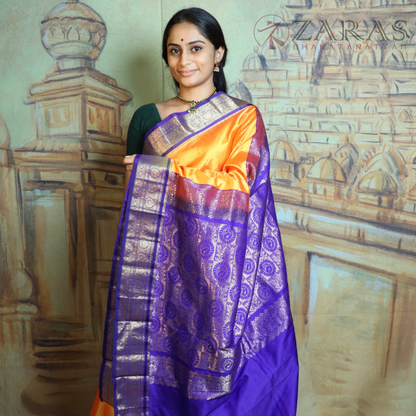 Dharmavaram Pure Pattu (Silk) Saree + Costume Stitching Readymade (M Yellow with V Blue)
