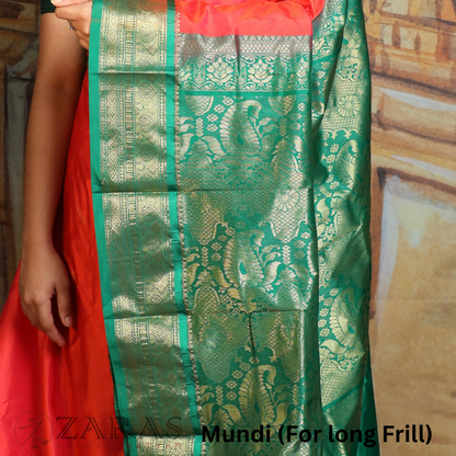 Dharmavaram Pure Pattu (Silk) Saree + Costume Stitching Readymade (Peach Orange with Green)