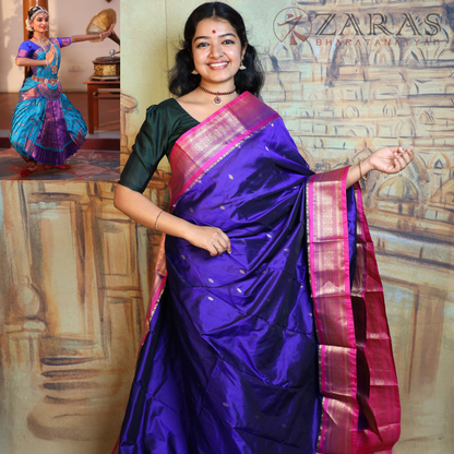 Dharmavaram Pure Pattu (Silk) Saree + Costume Stitching Readymade (V Blue with Pink)