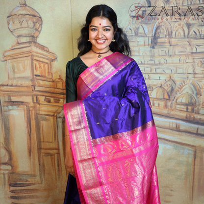 Dharmavaram Pure Pattu (Silk) Saree + Costume Stitching Readymade (V Blue with Pink)