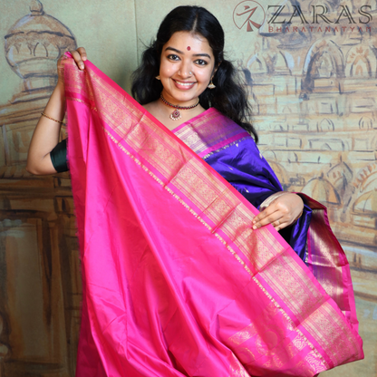 Dharmavaram Pure Pattu (Silk) Saree + Costume Stitching Readymade (V Blue with Pink)