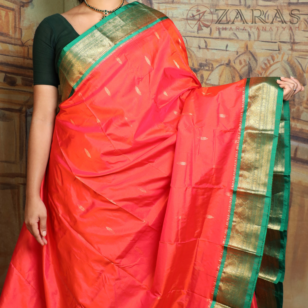 Dharmavaram Pure Pattu (Silk) Saree + Costume Stitching Readymade (Peach Orange with Green)