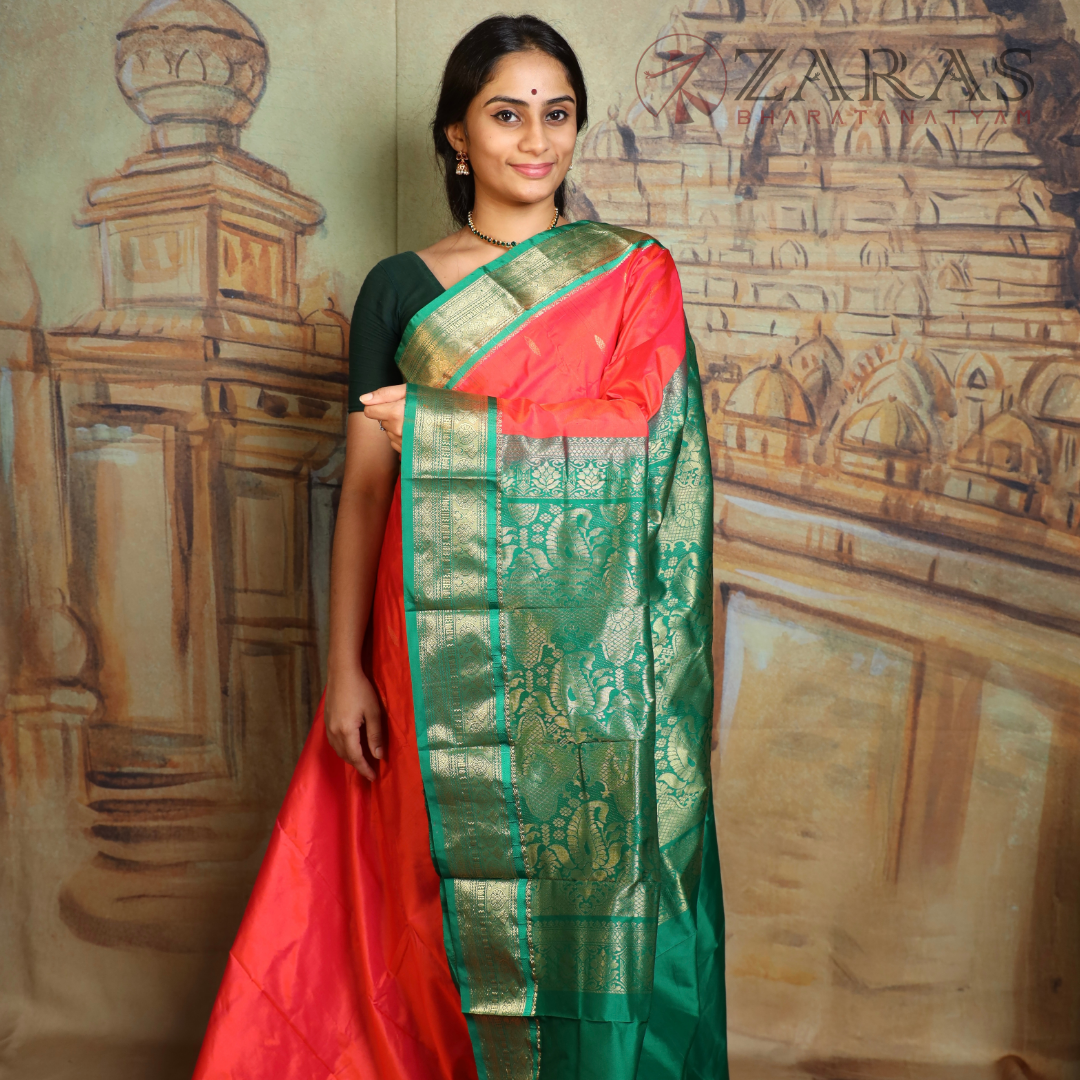 Dharmavaram Pure Pattu (Silk) Saree + Costume Stitching Readymade (Peach Orange with Green)