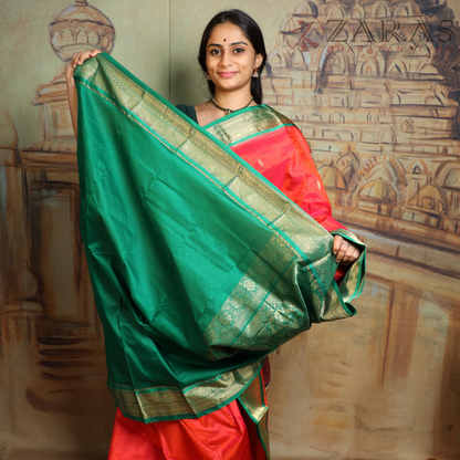 Dharmavaram Pure Pattu (Silk) Saree + Costume Stitching Readymade (Peach Orange with Green)