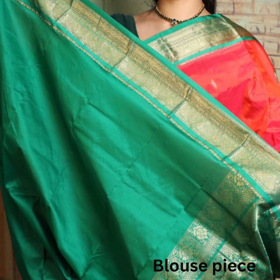 Dharmavaram Pure Pattu (Silk) Saree + Costume Stitching Readymade (Peach Orange with Green)