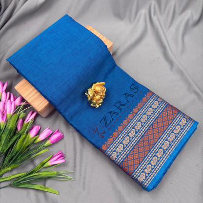 Bharatanatyam Dance Practice Saree - Pea Blue with Gold Flower Border (6 meter)
